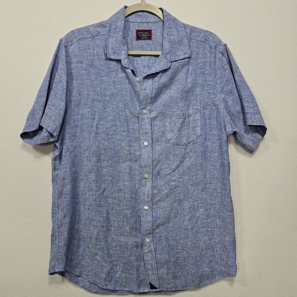 Untuckit Shirt Mens Medium Blue Cameron 100% Linen Short Sleeve Button Up 40878